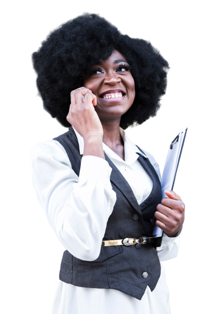 Young African Businesswoman Talking Mobile Phone Holding Clipboard Hand 682x1024
